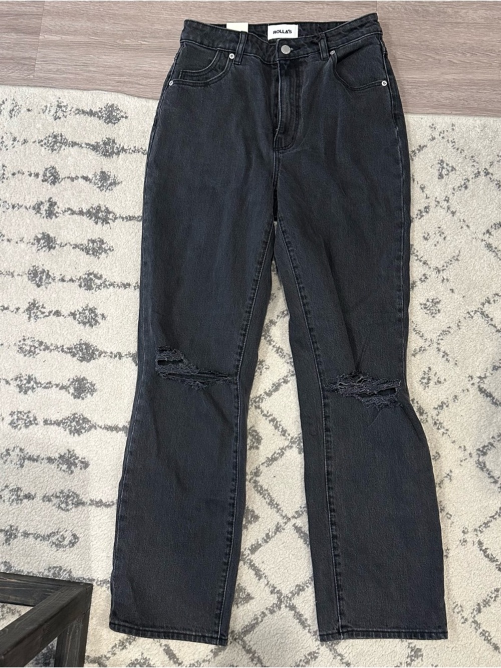 NWT Rollas Black Distressed Women's High Rise Straight-Leg Jeans. Size 28